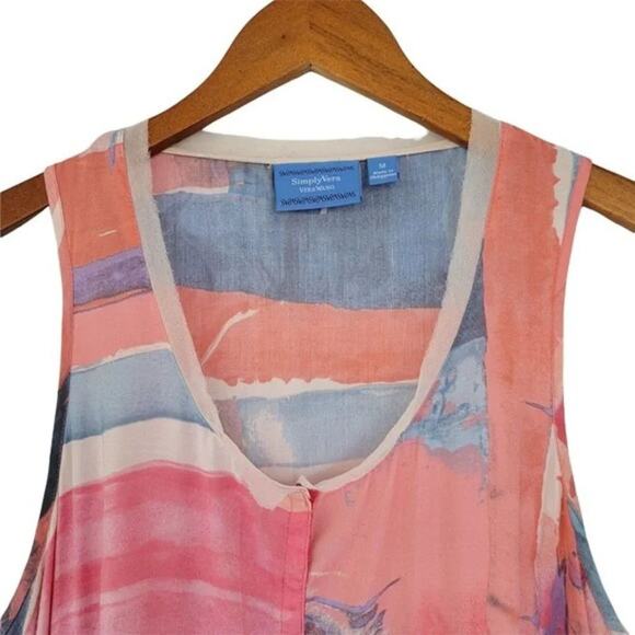 Simply Vera Sleeveless‎ Asymmetric Watercolor Print Blouse Woman Size M Peach - Picture 2 of 10